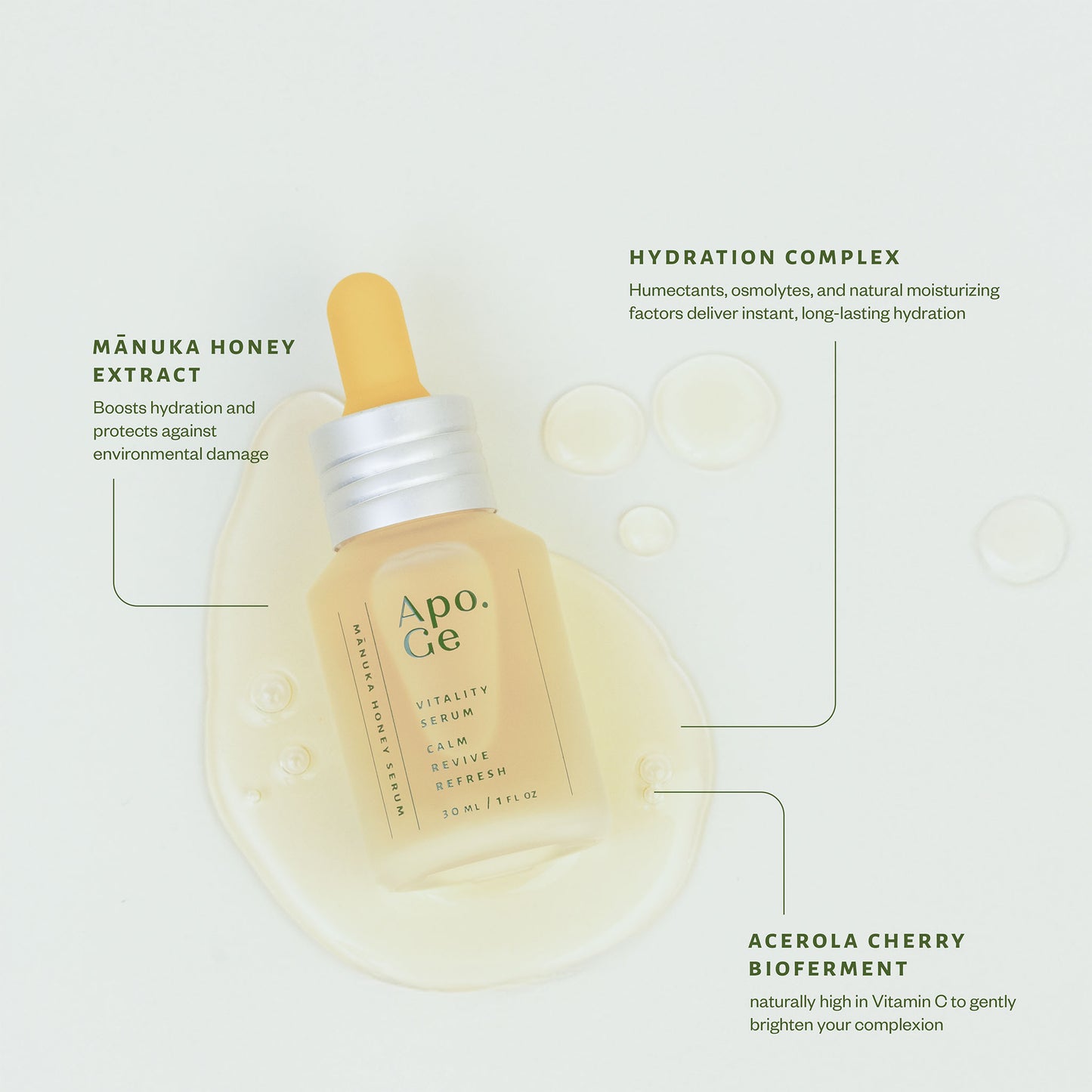 apo ge manuka honey skincare bottle with key ingredients infographic