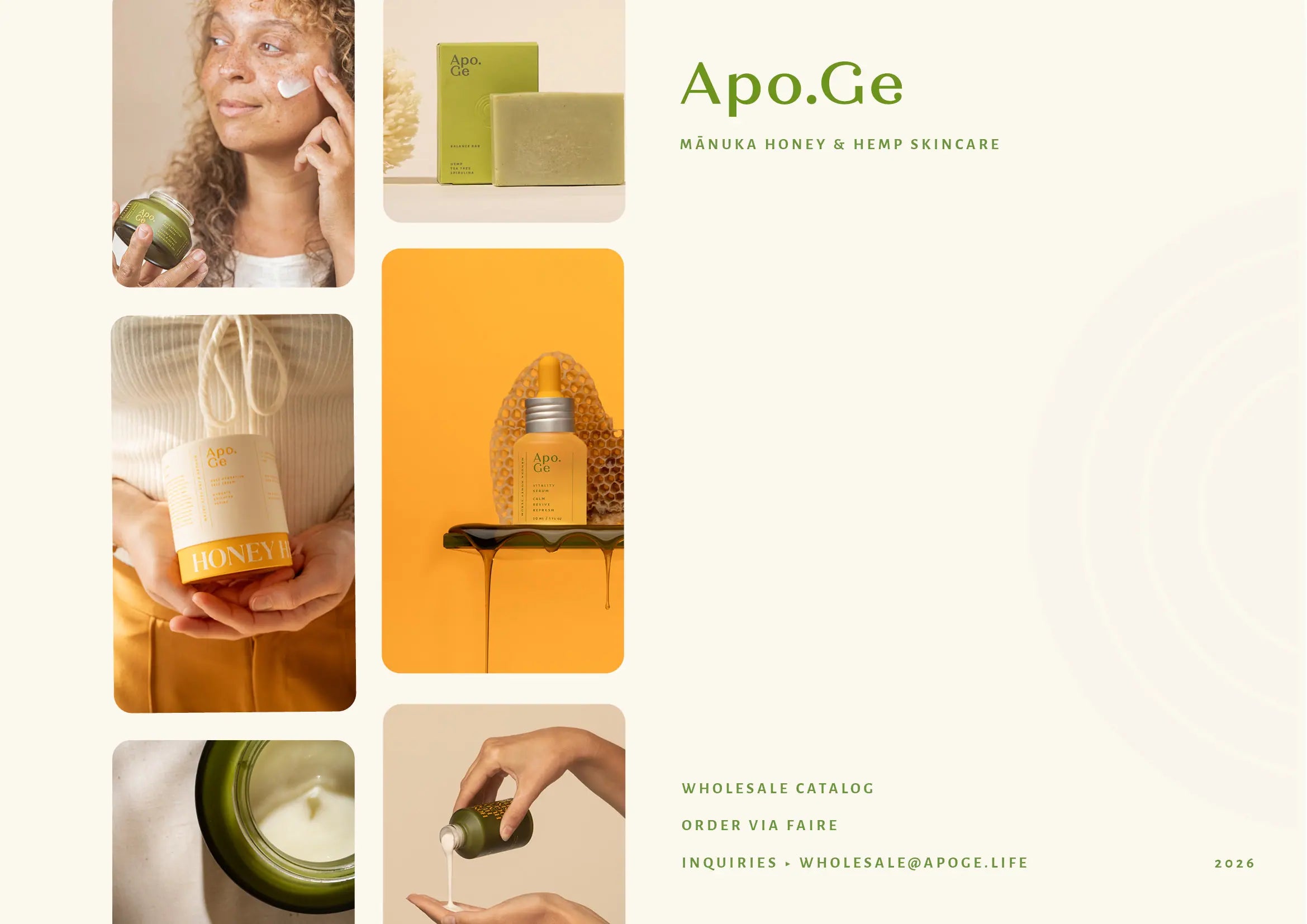 Apo.Ge skincare products with a woman applying cream, a bottle of oil, and other items on a light background.