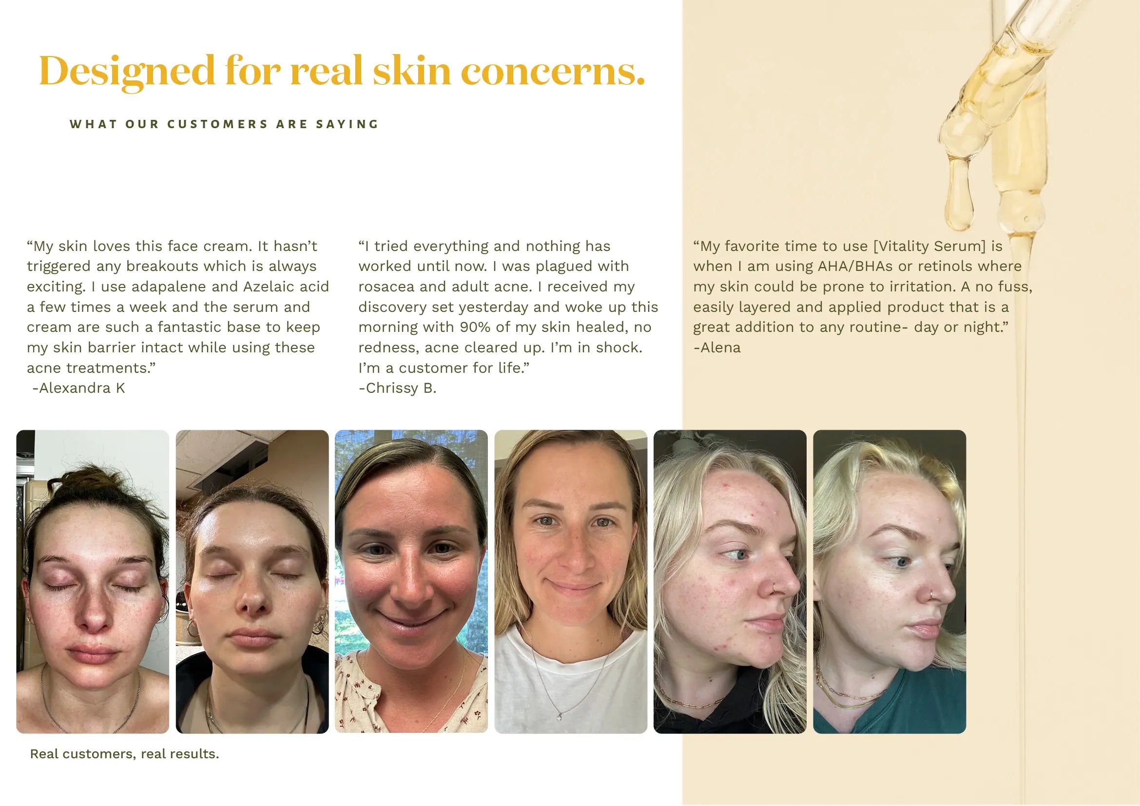 Product advertisement with customer testimonials and a bottle of cream on a beige background.
