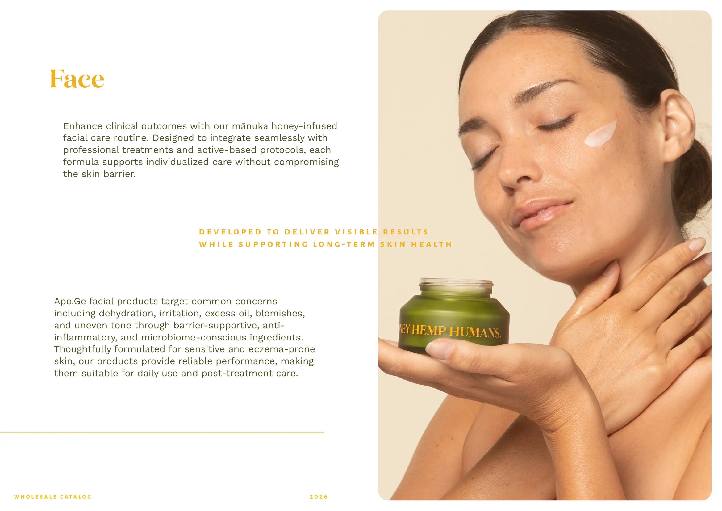 Woman holding a jar of Apo.Ge product with text about facial care on a beige background