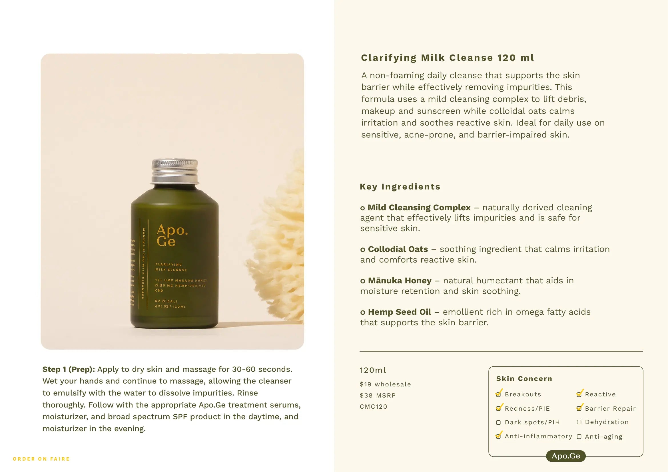 Apo.Ce clarifying milk cleanse bottle with product details on a beige background