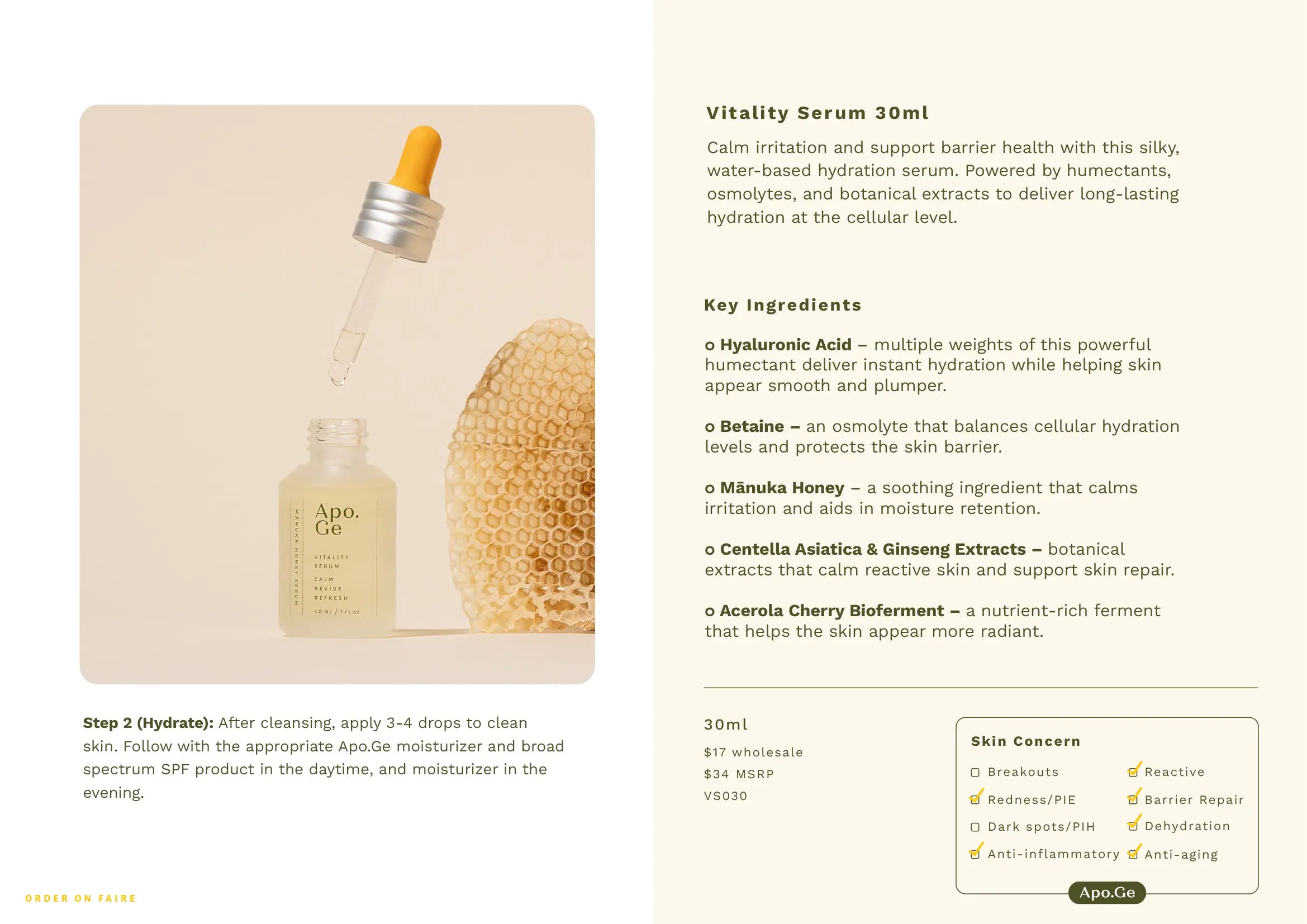 Vitality Serum packaging with ingredients list on a beige background