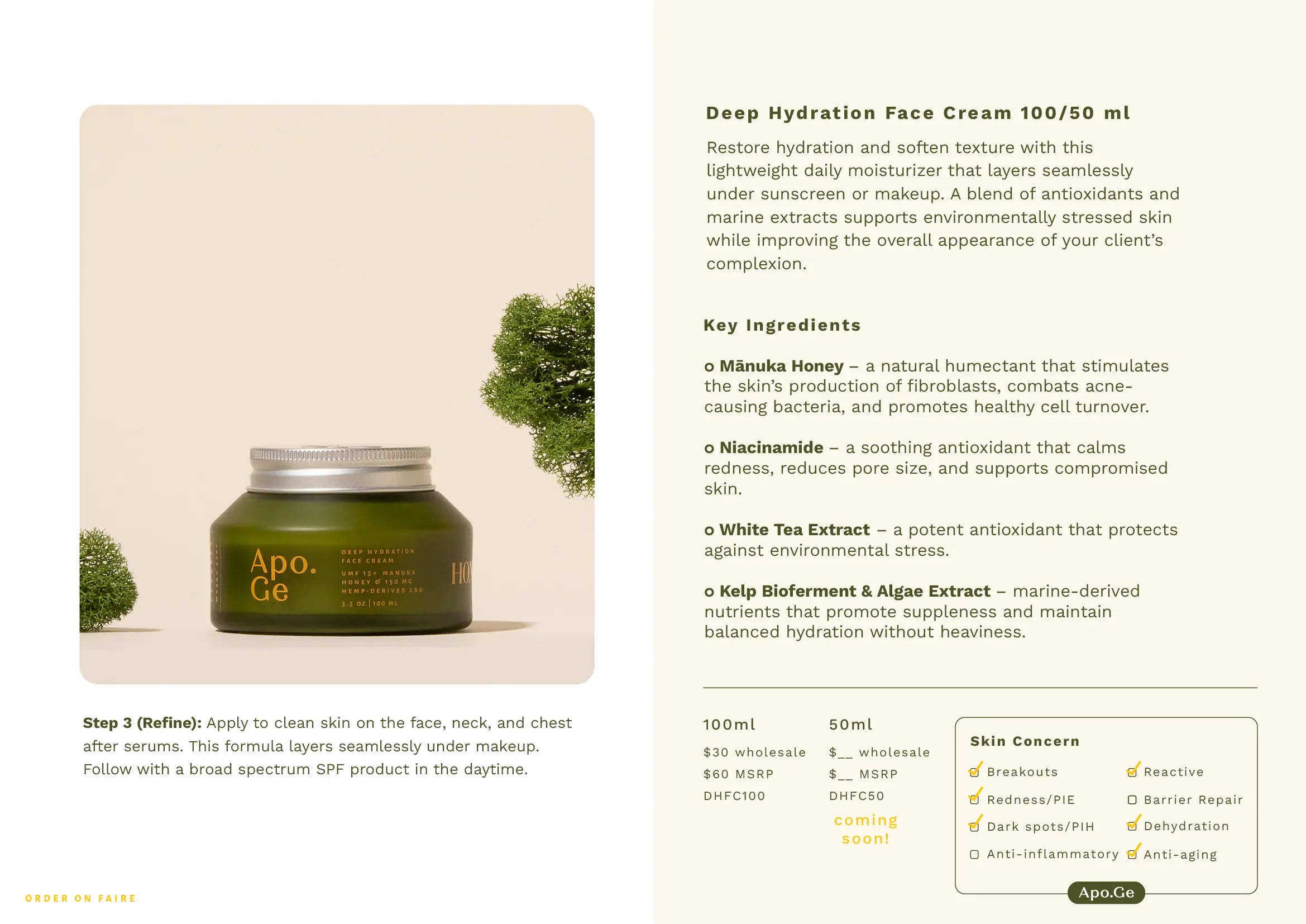 Apo.Ge Deep Hydration Face Cream jar with product description and key ingredients on a beige background