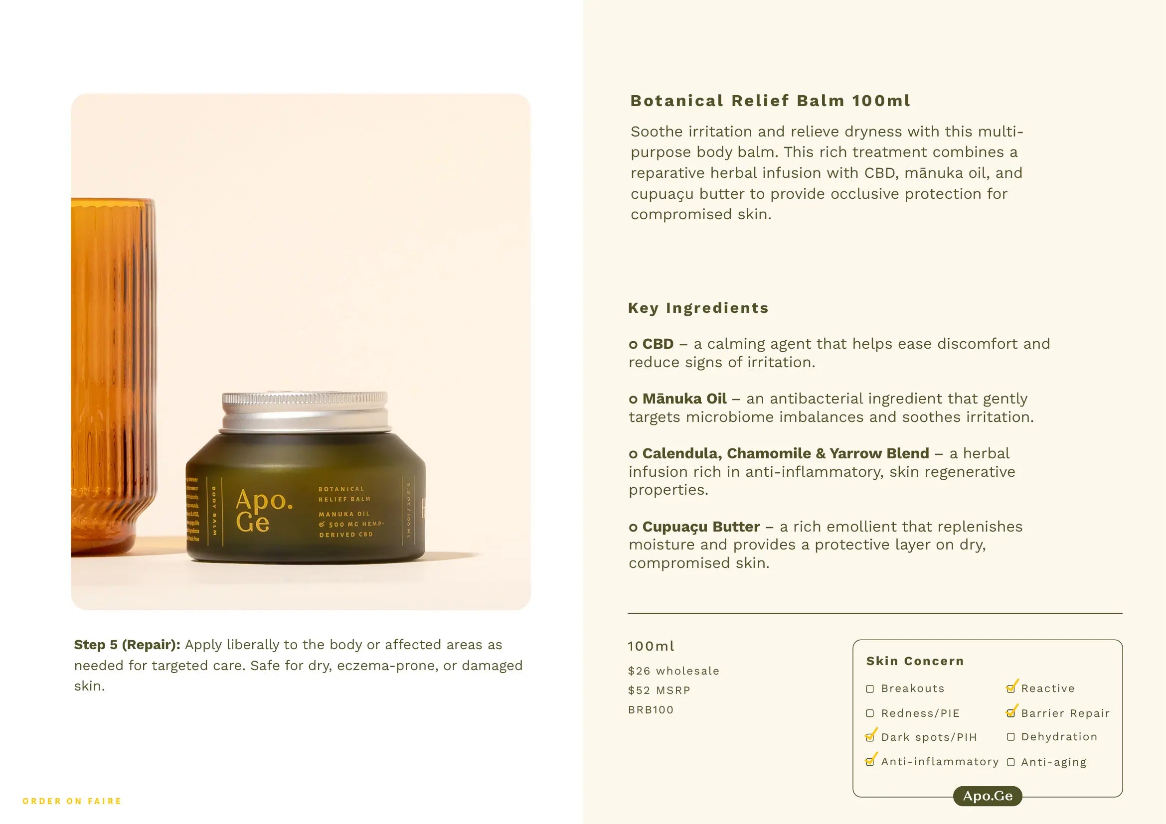 ApoCe Botanical Relief Balm jar with product description and ingredients on a light background