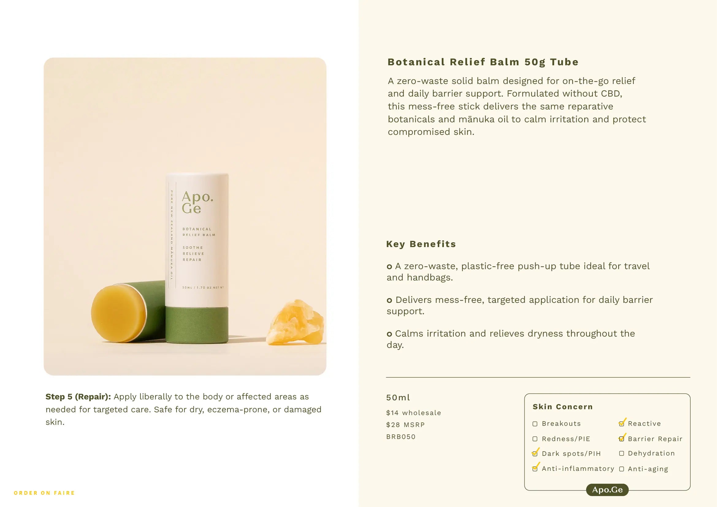 Apo.Ge Botanical Relief Balm with product details on a white background