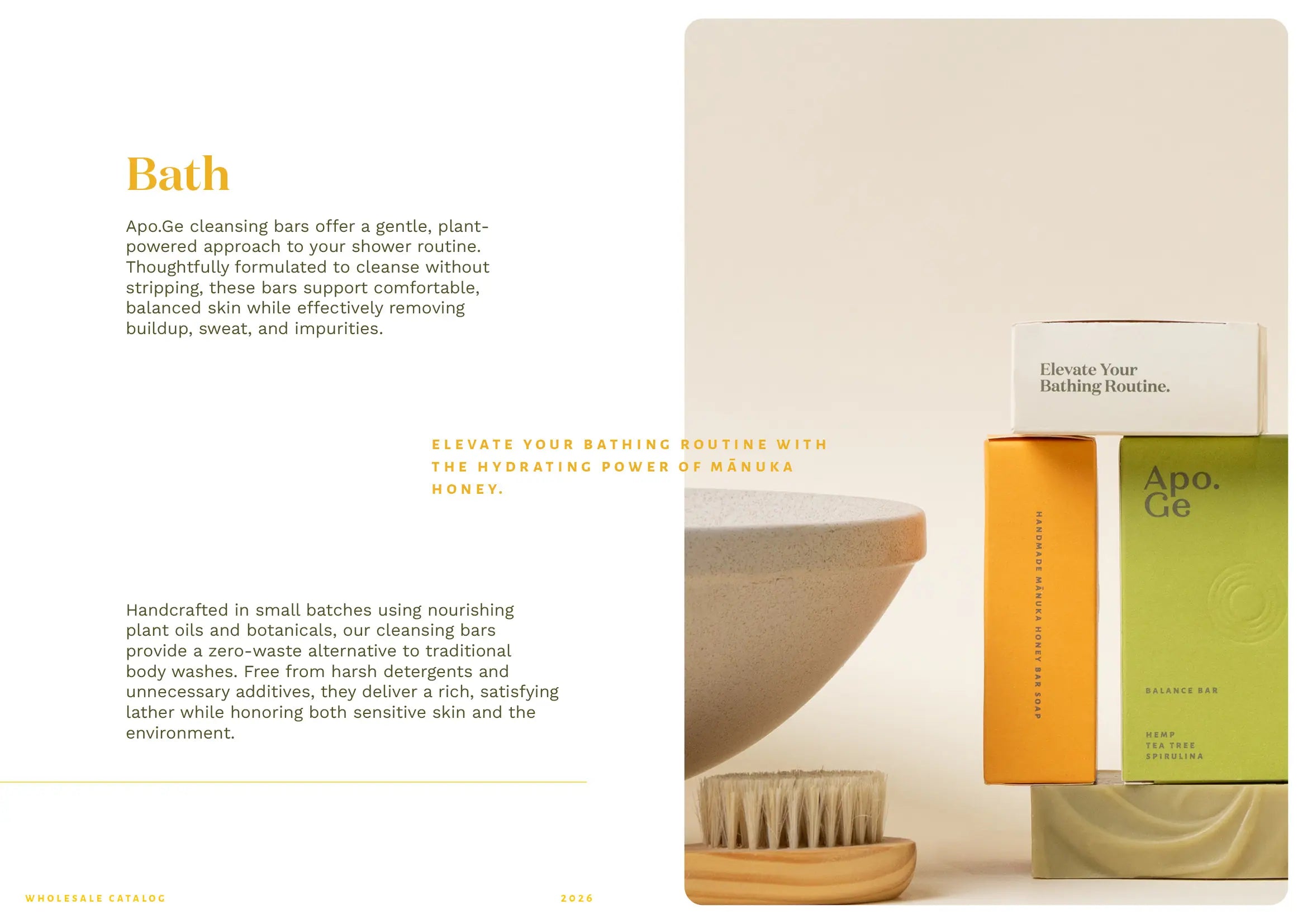 Apo Ge bath products with a bowl and brush on a neutral background