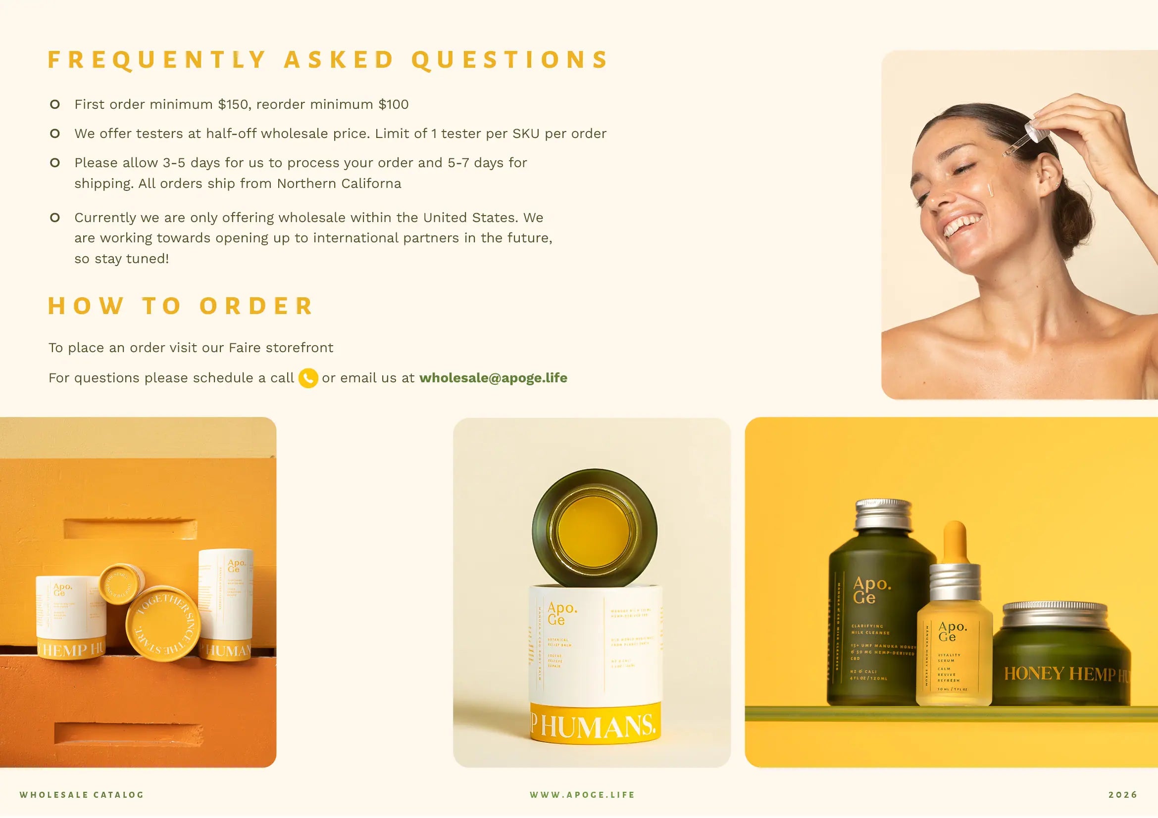 Product advertisement with skincare items and a woman applying product, accompanied by ordering and FAQ information.