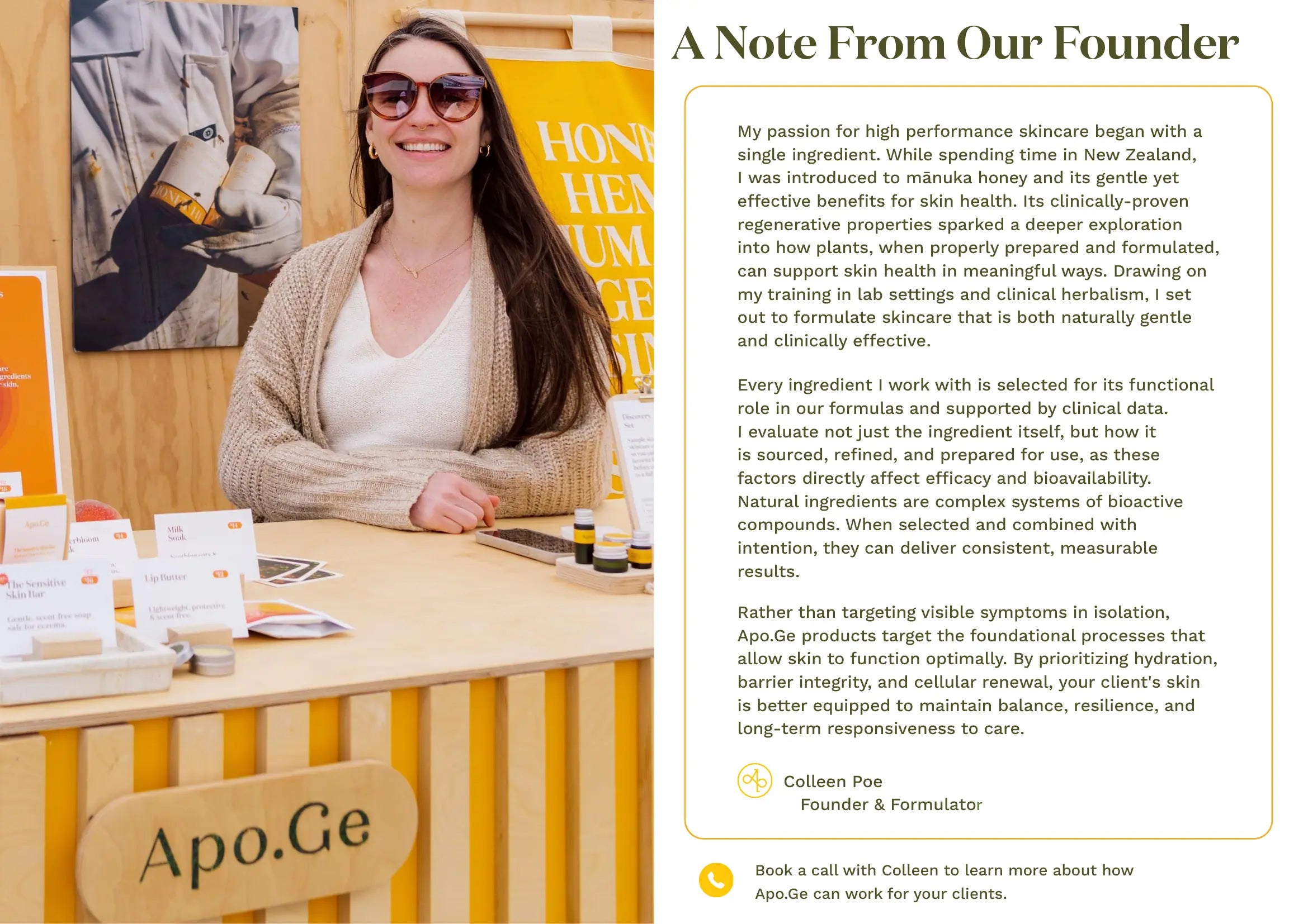 Woman standing behind a counter with promotional materials, including a sign with 'Apo.Ge' branding.