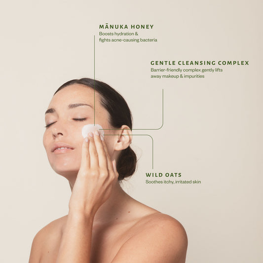 Woman applying Apo.Ge Manuka Honey Skincare Clarifying Milk Cleanse with text about Manuka Honey, Gentle Cleansing Complex, and Wild Oats on a beige background.