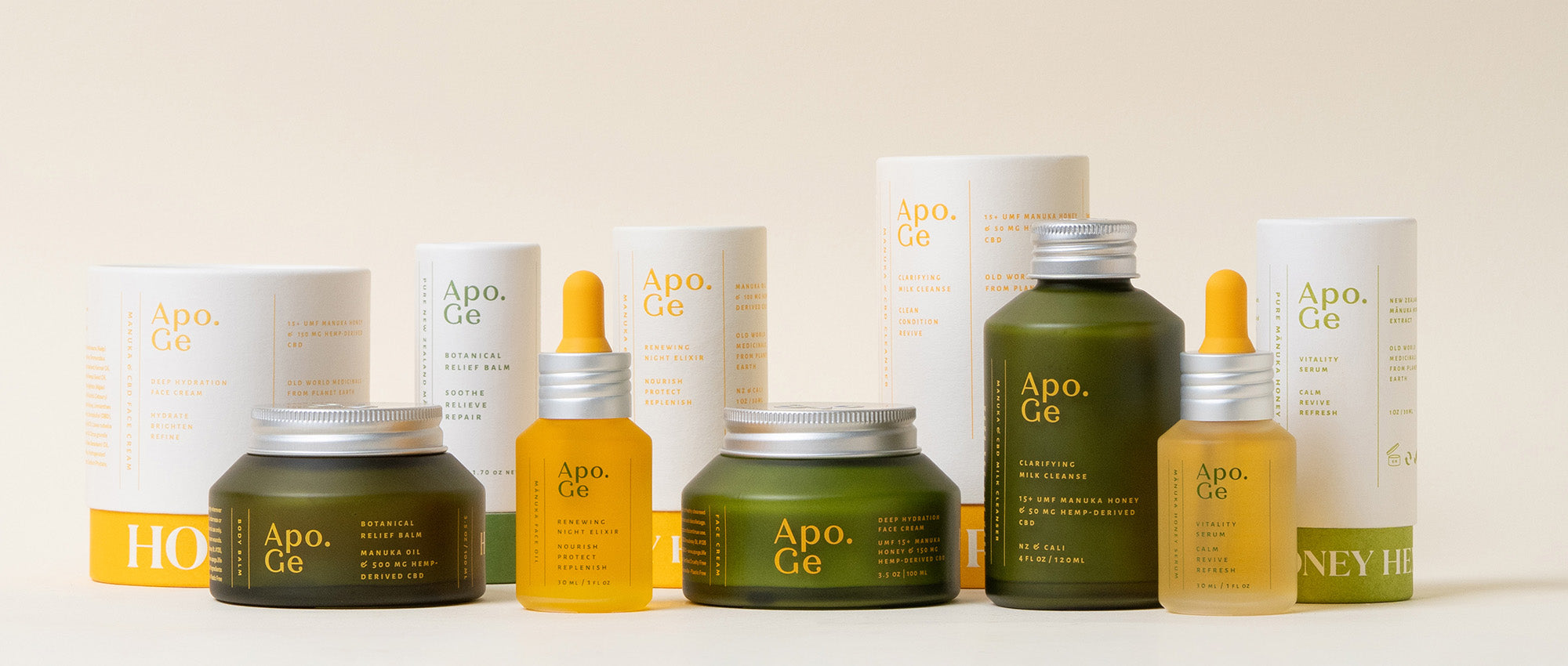 Apo Ge skincare products including bottles, jars, and boxes on a beige background