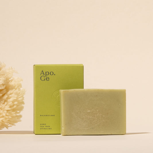apo ge manuka honey skincare balance bar soap with packaging on beige background