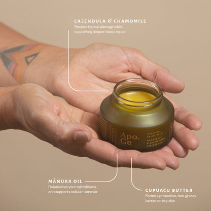 Hand holding a jar of Apo.Ge Manuka Honey Skincare Botanical Relief Balm with text infographic describing benefits 