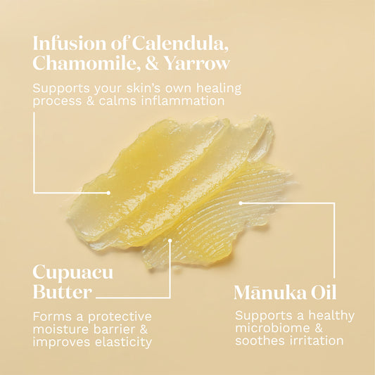 Hand holding a jar of Apo.Ge Manuka Honey Skincare Botanical Relief Balm with text infographic describing benefits 