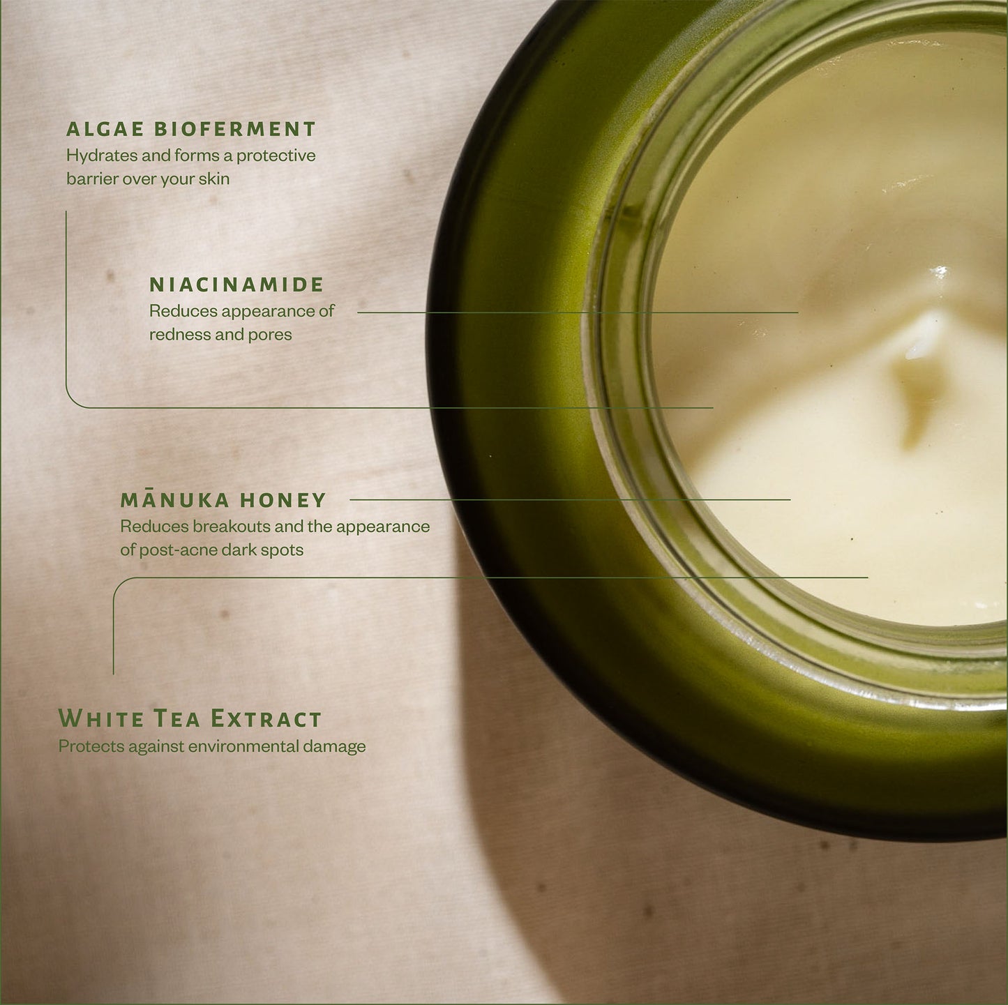 Jar of Apo.Ge Manuka Honey Skincare Deep Hydration Face Cream with ingredients listed on a beige background 