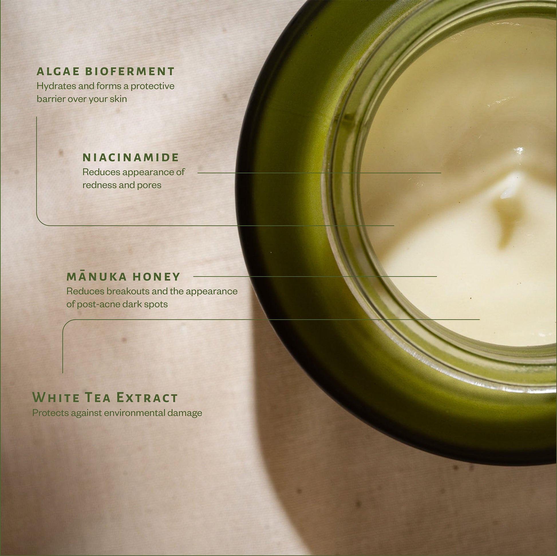 Jar of Apo.Ge Manuka Honey Skincare Deep Hydration Face Cream with ingredients listed on a beige background 