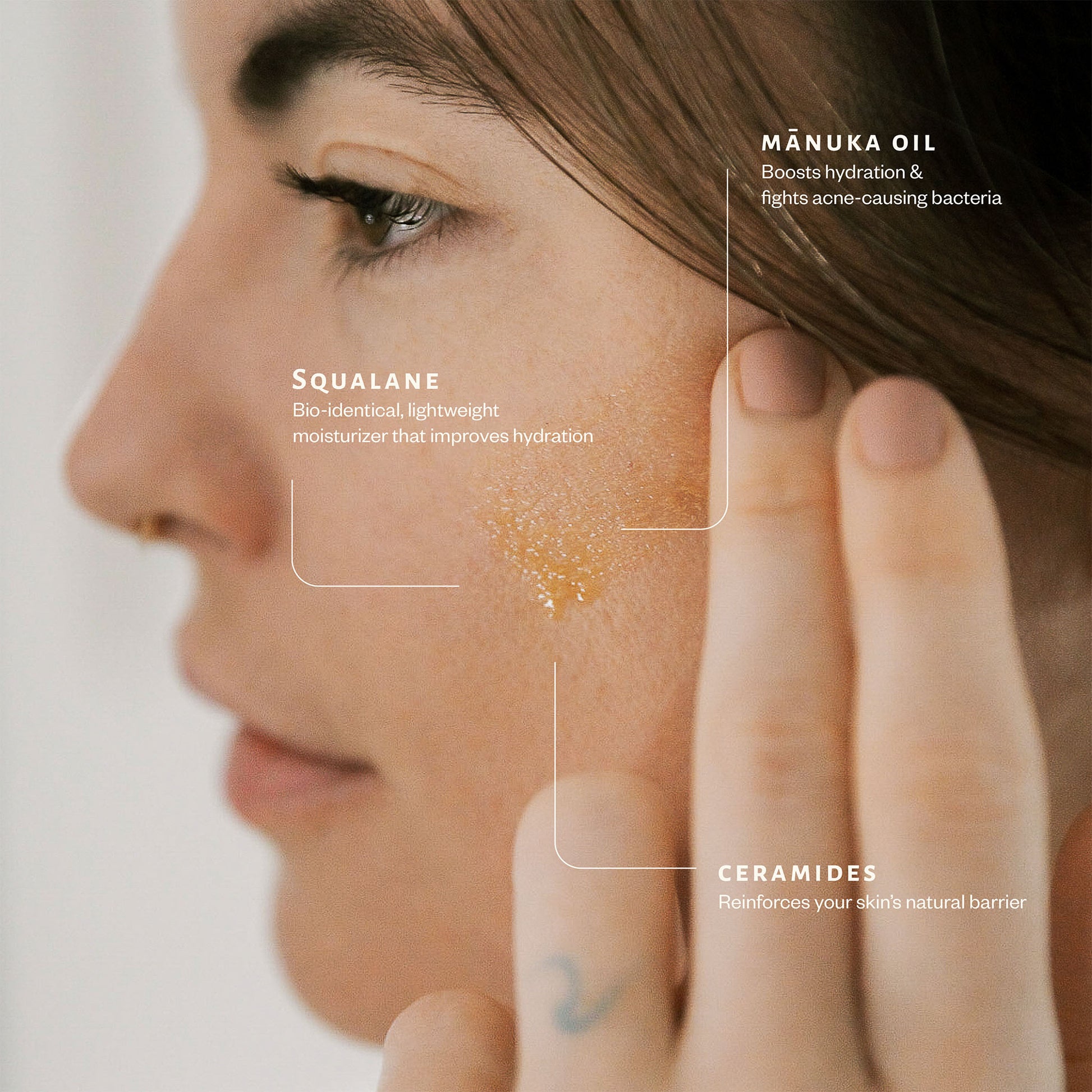 Close-up of a woman's face with text overlay on skincare ingredients.