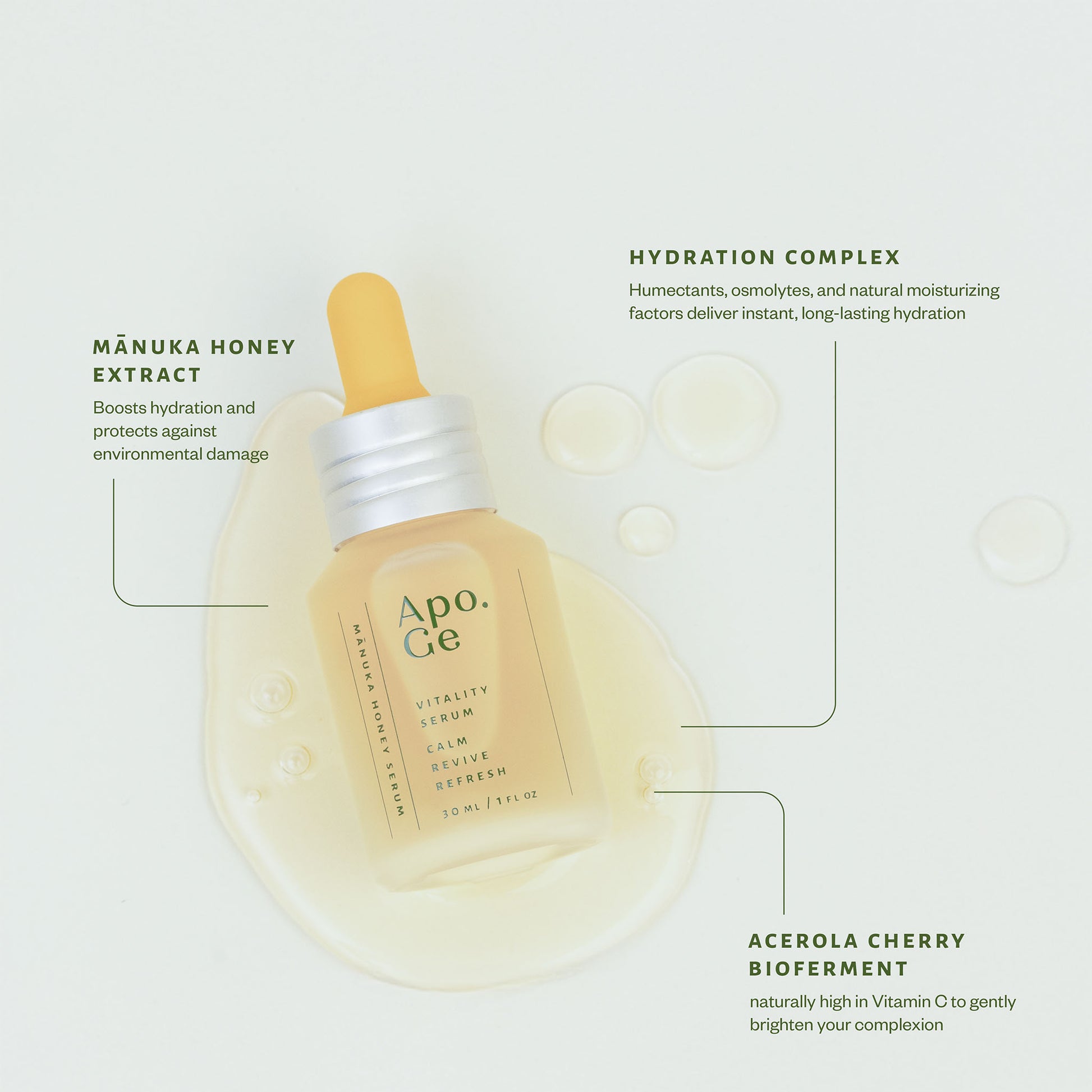 apo ge manuka honey skincare bottle with key ingredients infographic 